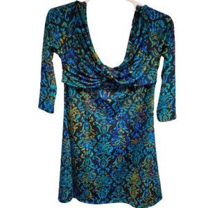 Amelia Women 3/4 Sleeve Shirt Top Blouse XL Twist Front V-Neck Blue Black Casual